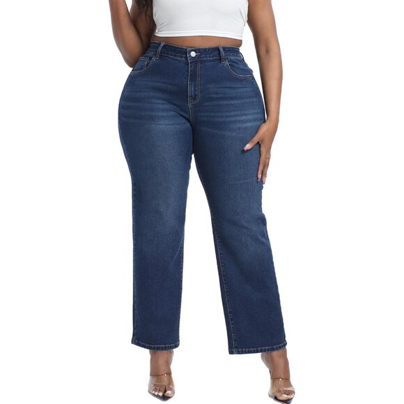 Plus Size Jeans Women Stretchy Straight Leg High Waisted Casual Denim Pockets - Picture 1 of 5